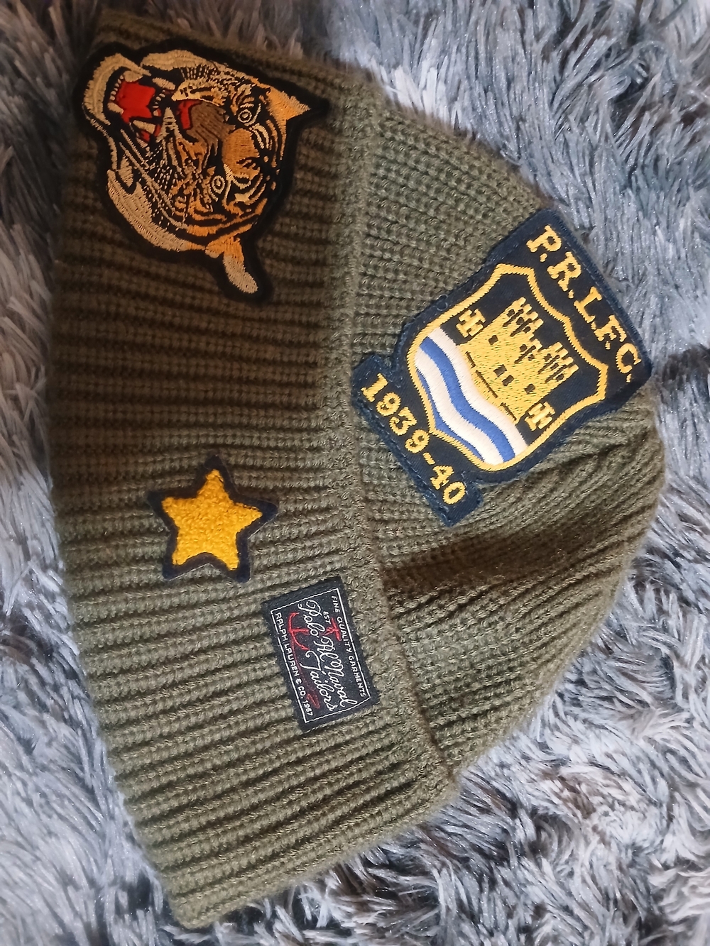 Rare Ralph Lauren Polo Marine Olive Green Patch Knit Hat - Picture 3 of 8